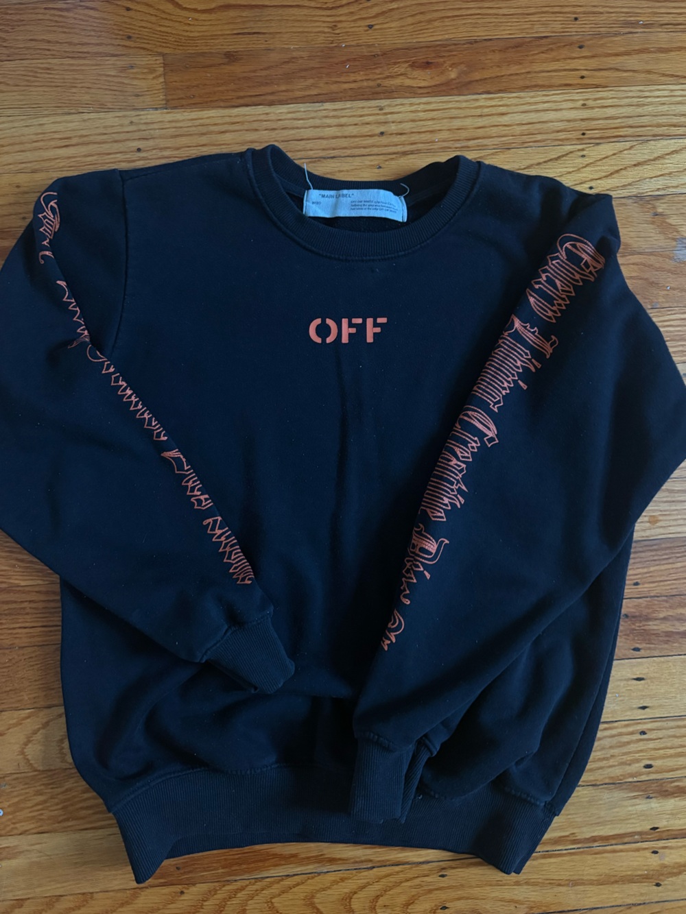 Off-White Black Crewneck with Orange Script Sleeve Graphics